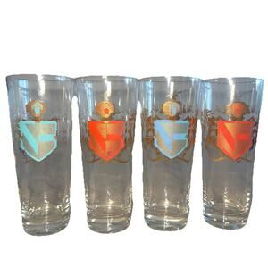 4 Coat of Arms Crest Shield Tom Collins Glass Tumblers Barware 12oz 7' Medieval
